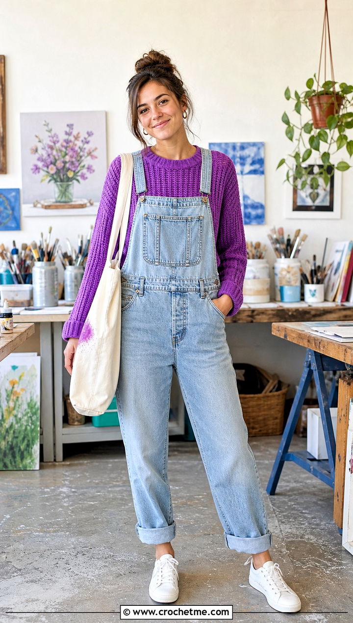 Ribbed Crochet Boho Sweater With Denim Overalls - 30 crochet boho sweater outfit ideas