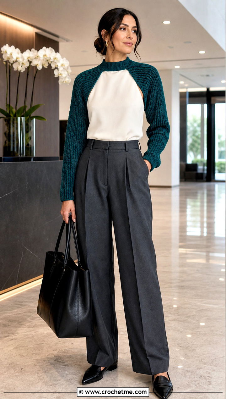 Ribbed Crochet Bolero Shrug Sweater With Tailored Trousers - 30 crochet shrug sweater outfit ideas