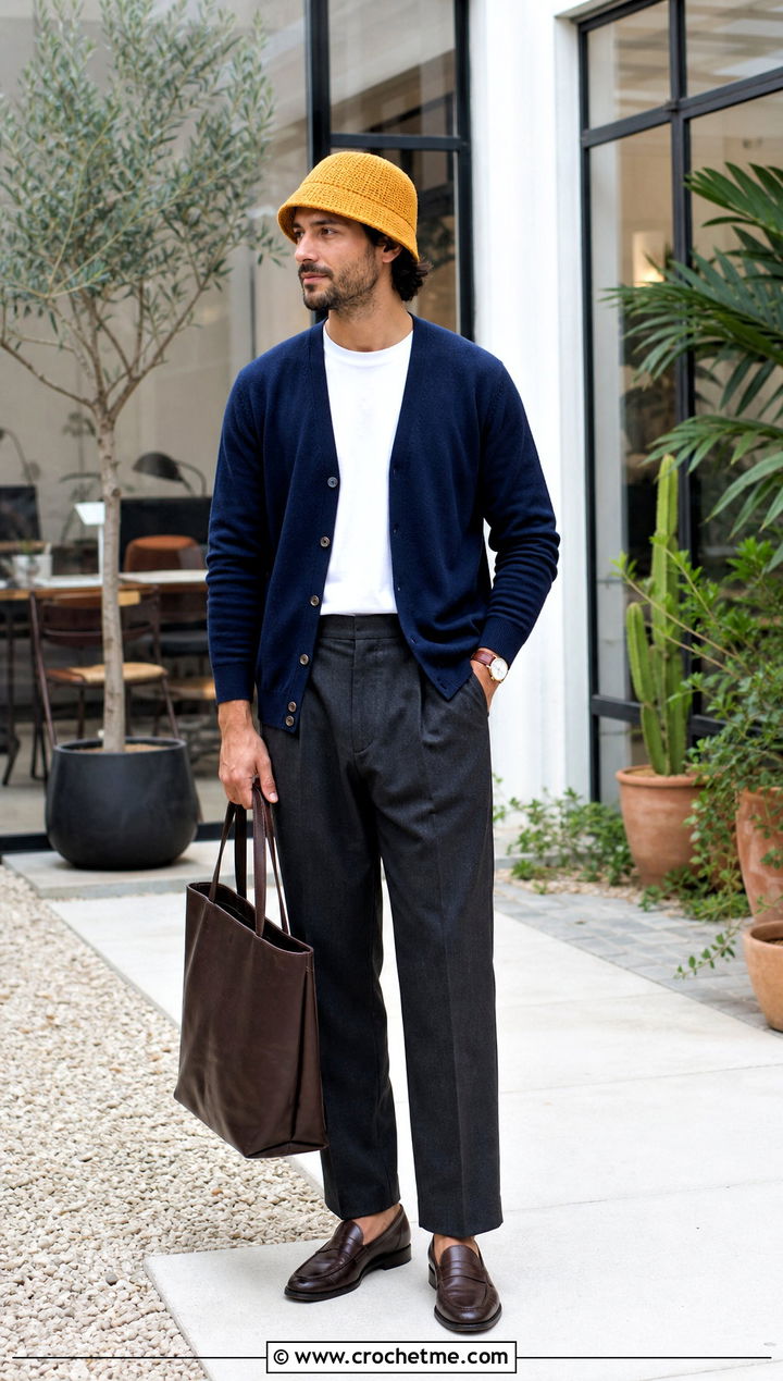Ribbed Crochet Bucket Hat With Cardigan And Trousers - 35 men crochet bucket hat outfit ideas
