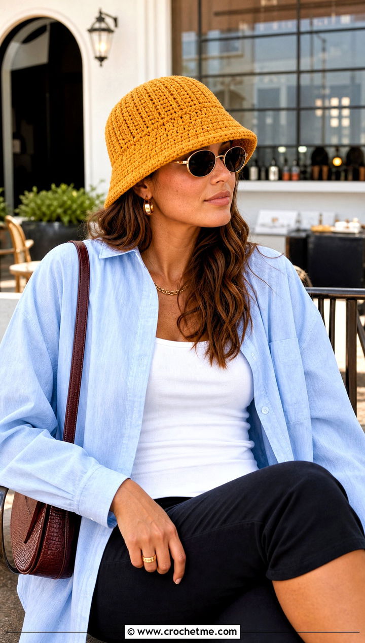 Ribbed Crochet Bucket Hat With Poplin Shirt And Capris - 15 hailey bieber crochet bucket hat outfit ideas