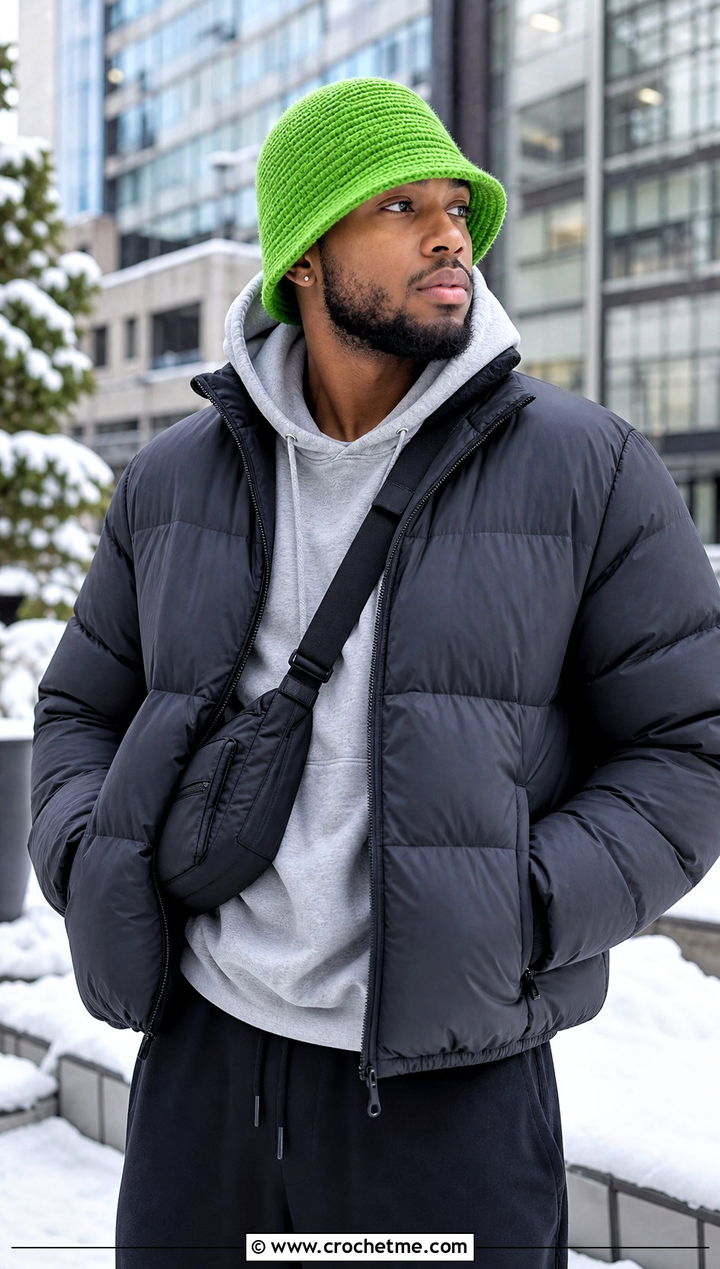 Ribbed Crochet Bucket Hat With Puffer Jacket And Joggers - 15 Crochet Mens Bucket Hat outfit ideas