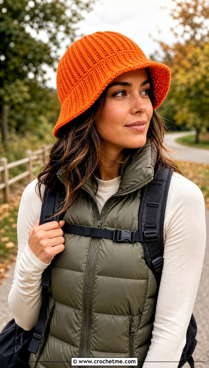 Ribbed Crochet Bucket Hat With Puffer Vest - 25 crocheting bucket hat outfit ideas