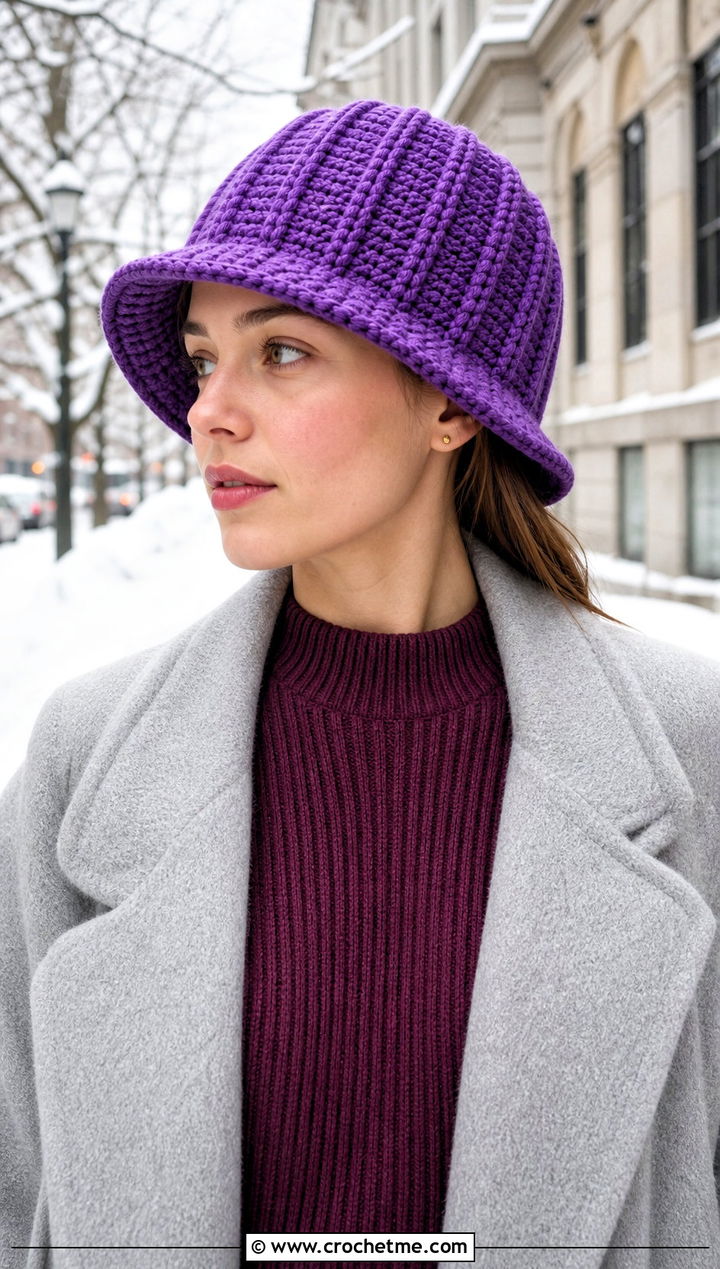 Ribbed Crochet Bucket Hat With Sweater Dress - 35 crochet winter bucket hat outfit ideas