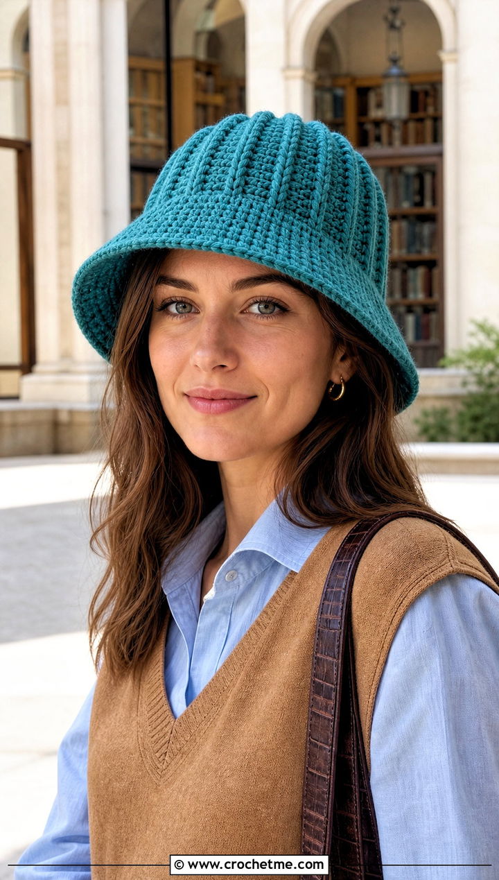 Ribbed Crochet Bucket Hat With Sweater Vest And Jeans - 30 easy crochet bucket hat outfit ideas