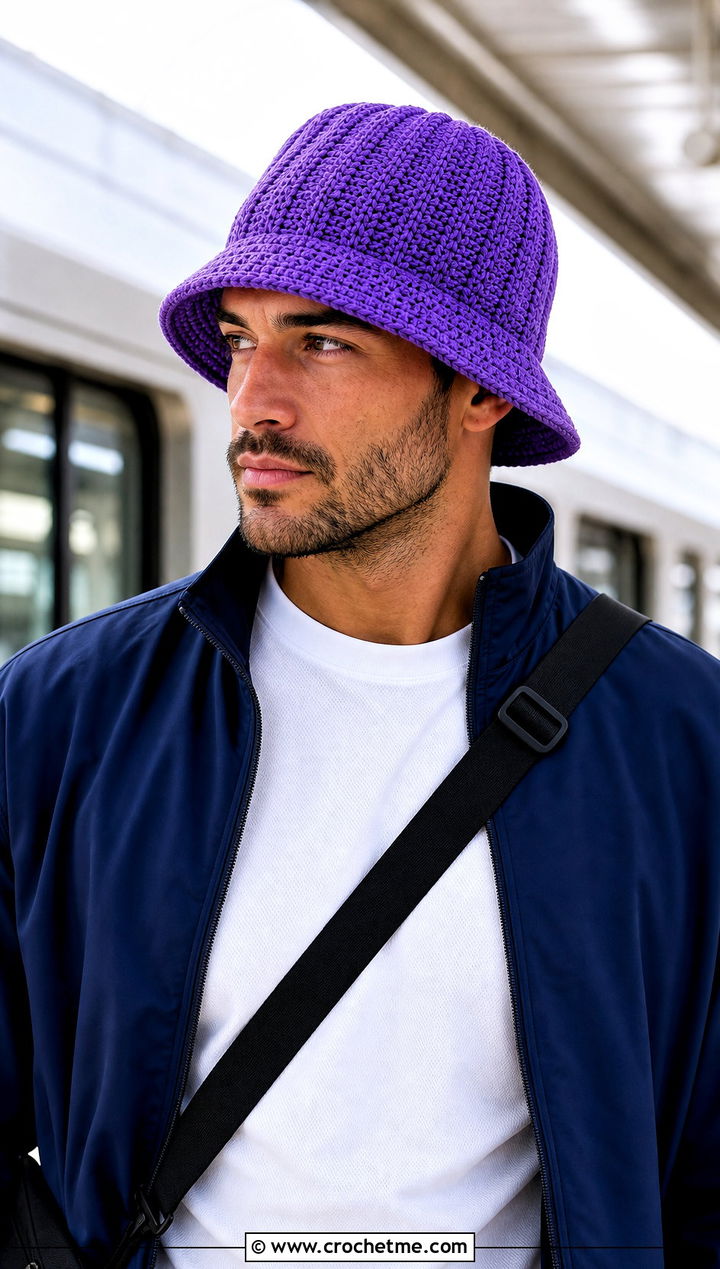 Ribbed Crochet Bucket Hat With Track Jacket And Nylon Pants - 30 crochet bucket hat men outfit ideas