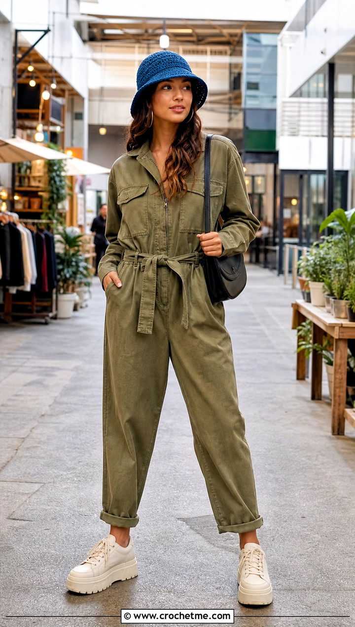 Ribbed Crochet Bucket Hat With Utility Jumpsuit - 35 ribbed crochet hat outfit ideas