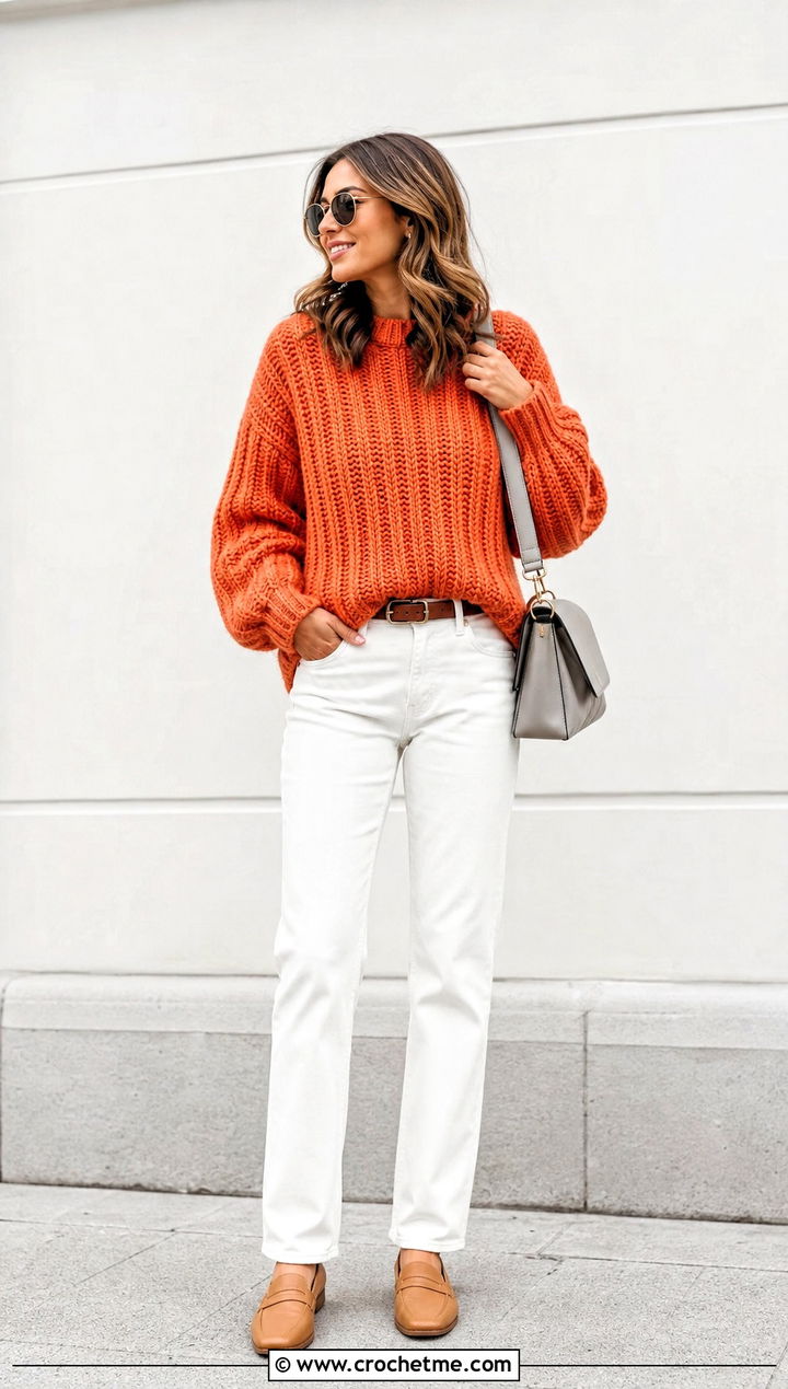 Ribbed Crochet Bulky Sweater With White Jeans - 25 Crochet Bulky Sweater outfit ideas