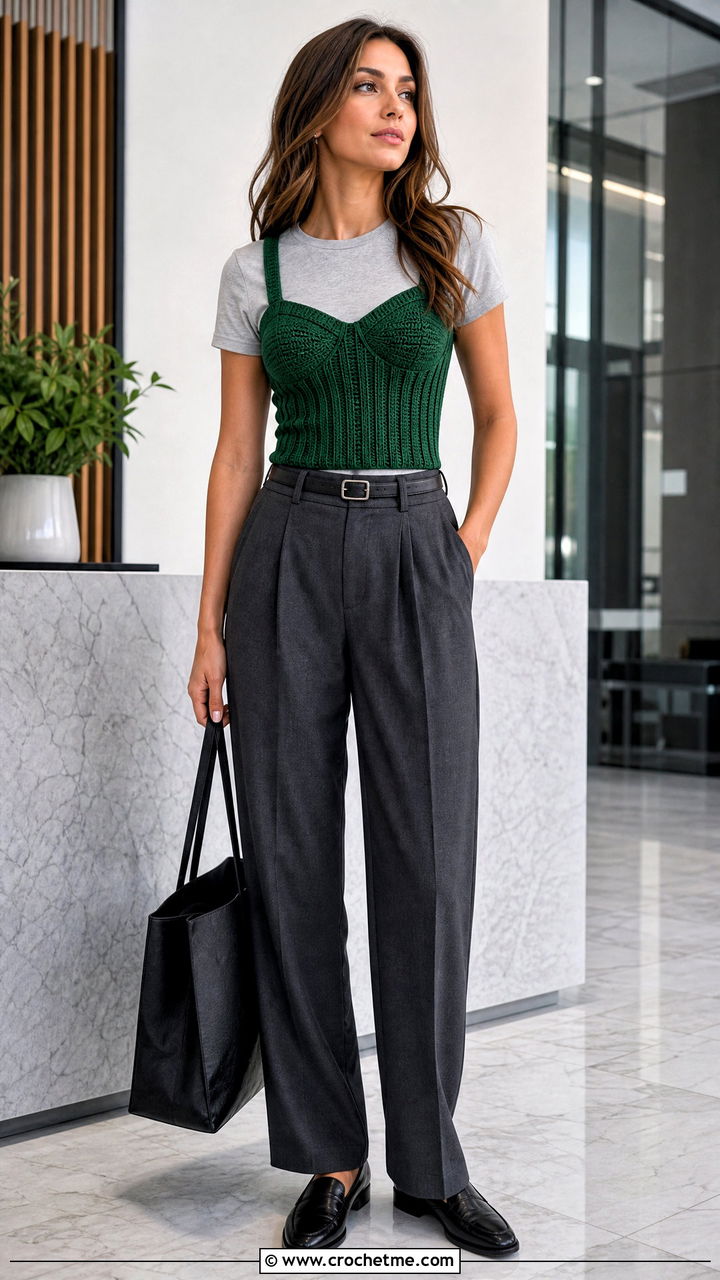 Ribbed Crochet Bustier Top With Pleated Trousers - 35 crochet bustier top outfit ideas