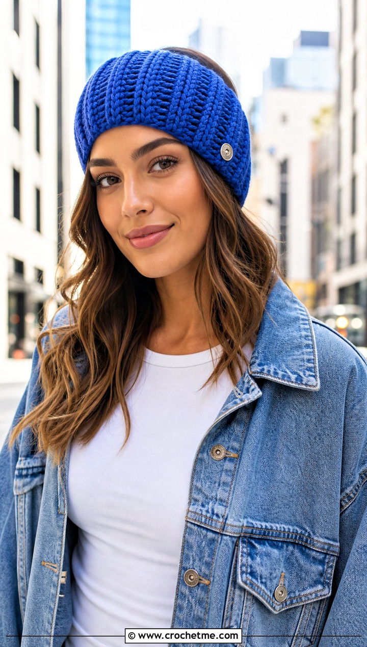 Ribbed Crochet Button Headband With Denim Jacket - 15 Crochet Button Headband outfit ideas