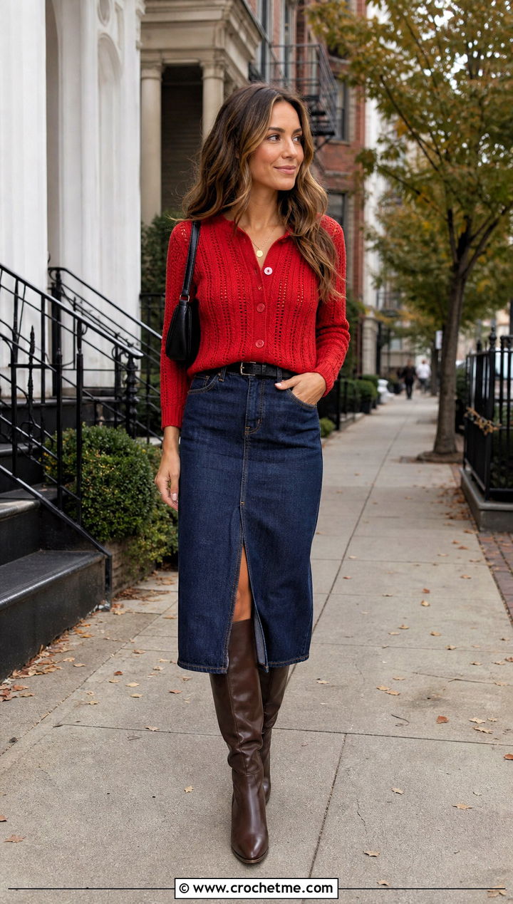 Ribbed Crochet Button Sweater With Denim Midi Skirt - 30 Crochet Button Sweater outfit ideas