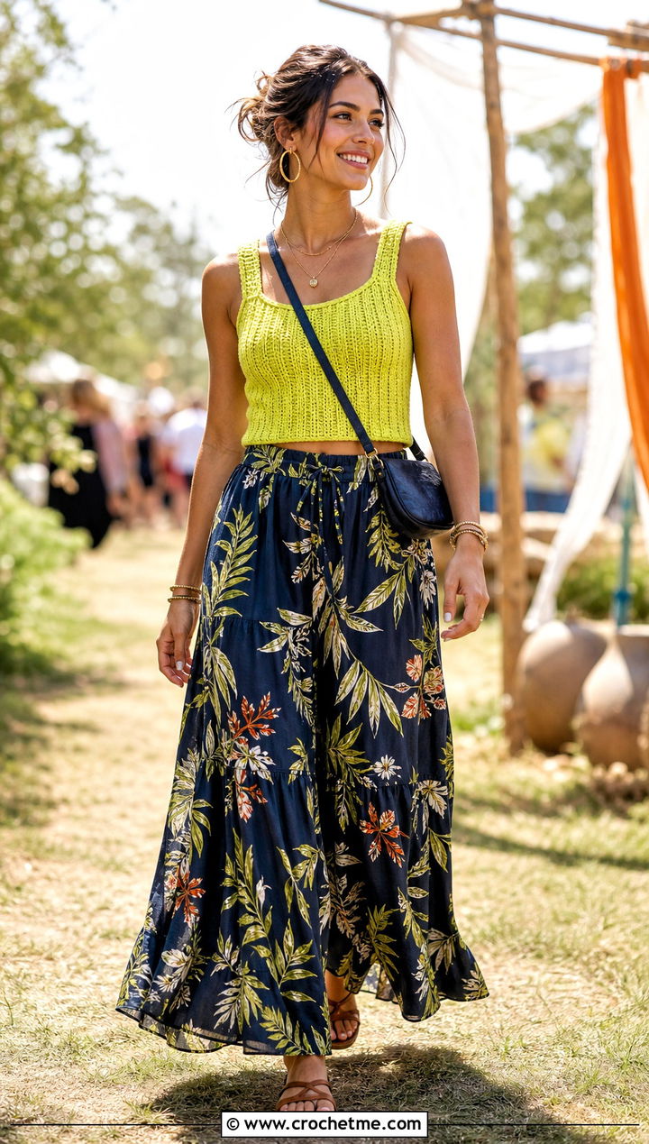Ribbed Crochet Cami Top With Printed Maxi Skirt - 35 Crochet Top Festival Outfit ideas