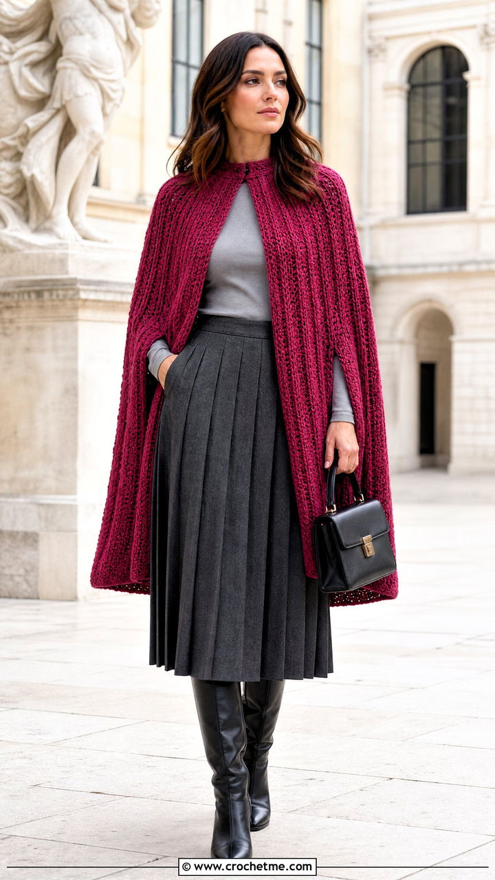 Ribbed Crochet Cape With A Pleated Midi Skirt - 35 crochet cape outfit ideas
