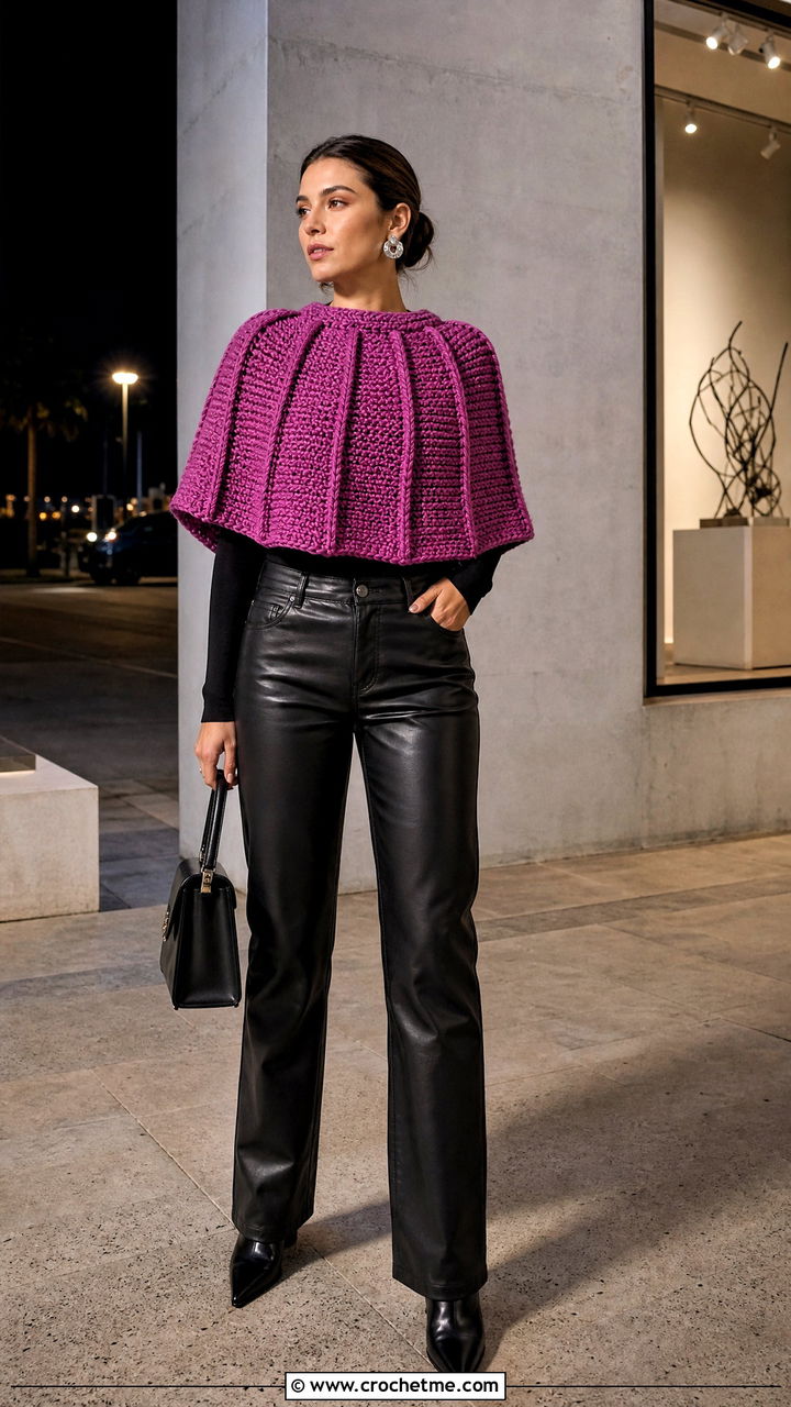 Ribbed Crochet Capelet With Leather Pants - 35 crochet capelet outfit ideas