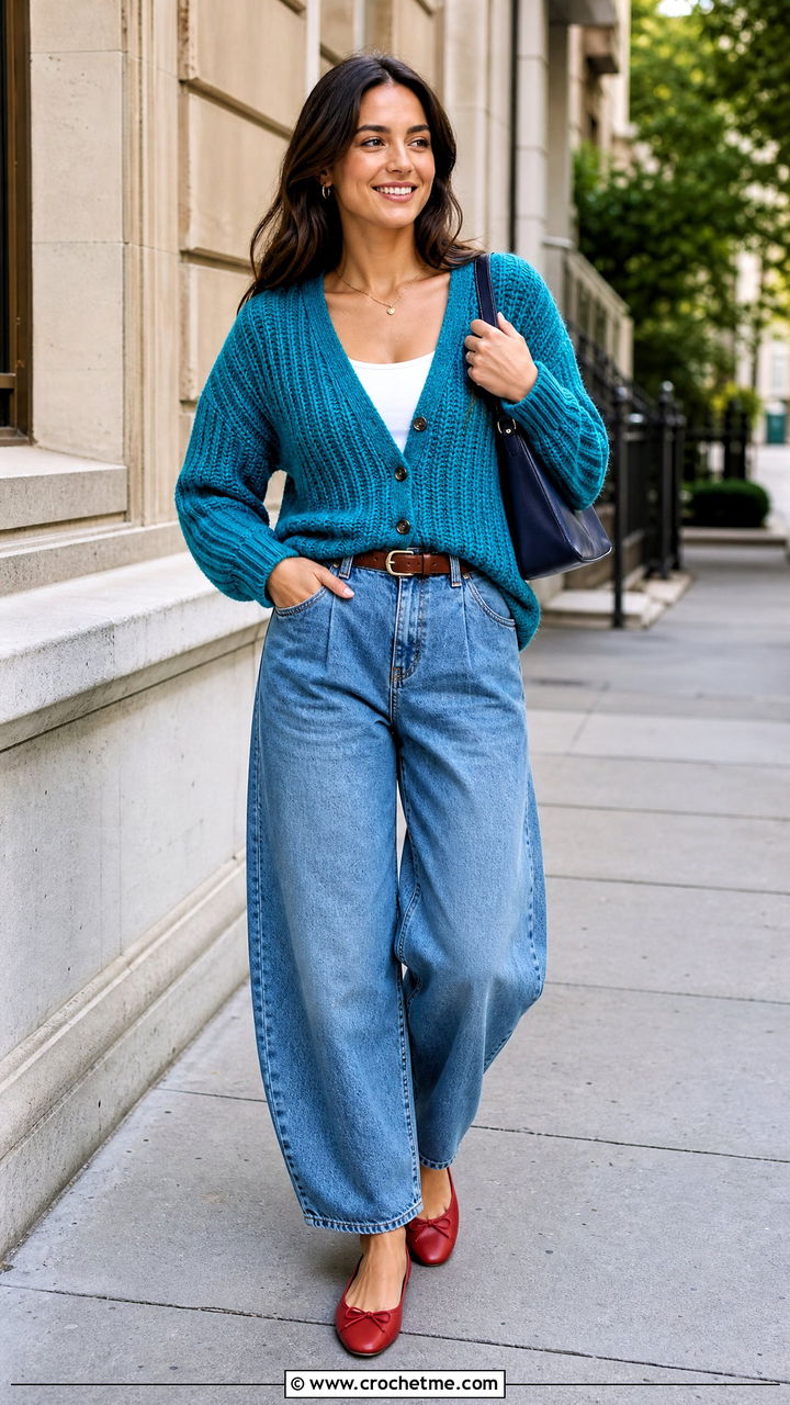 Ribbed Crochet Cardigan With Barrel Jeans - 35 easy crochet cardigan outfit ideas