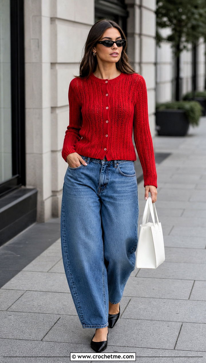 Ribbed Crochet Cardigan With Barrel Jeans - 15 Women Crochet Cardigan outfit ideas