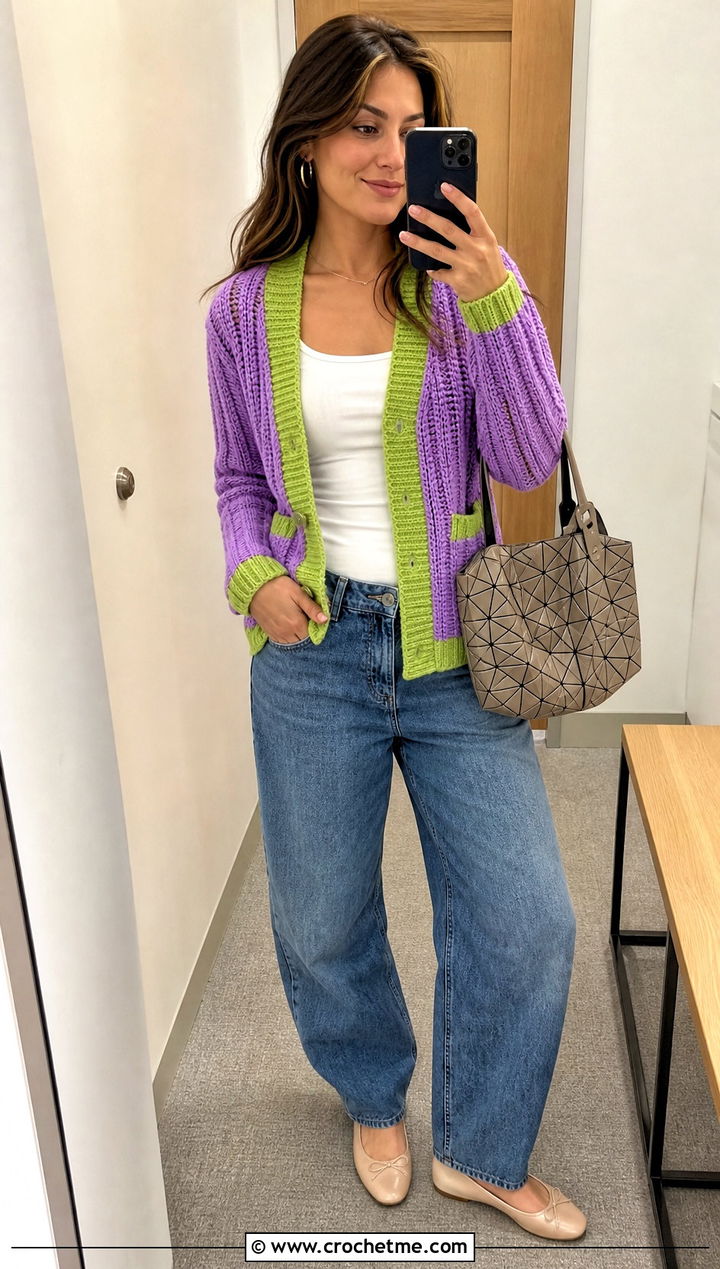 Ribbed Crochet Cardigan With Barrel Jeans - 30 two color crochet cardigan outfit ideas
