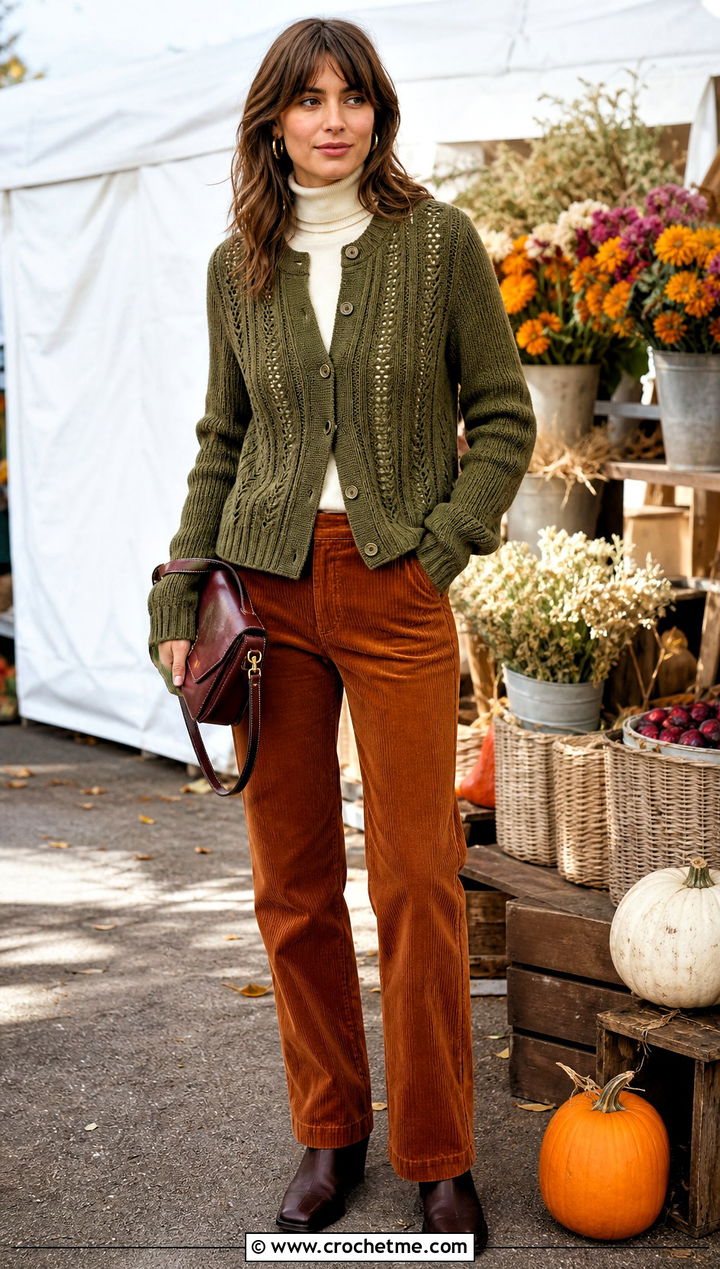 Ribbed Crochet Cardigan With Corduroy Pants - 20 Miu Miu Crochet Cardigan outfit ideas