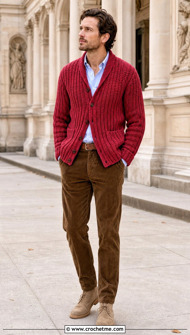 Ribbed Crochet Cardigan With Corduroy Pants - 30 mens crochet cardigan sweater outfit ideas