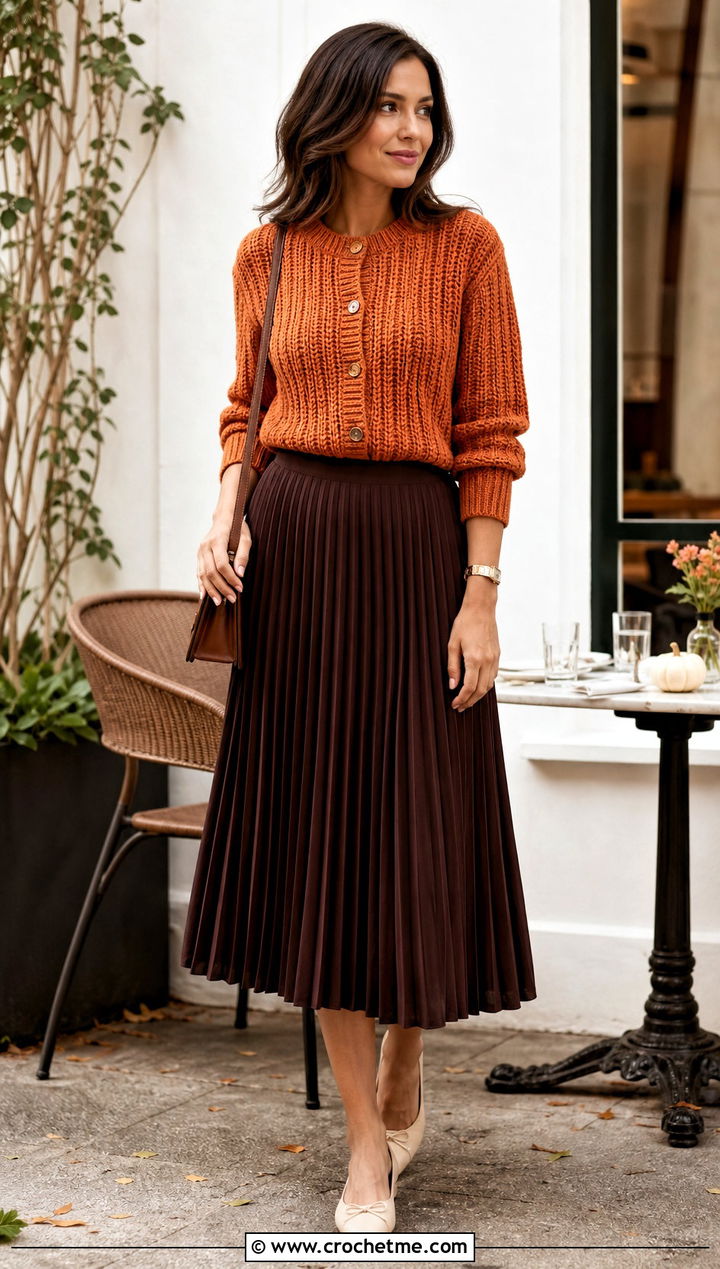 Ribbed Crochet Cardigan With Pleated Midi Skirt - 25 elegant crochet cardigan outfit ideas