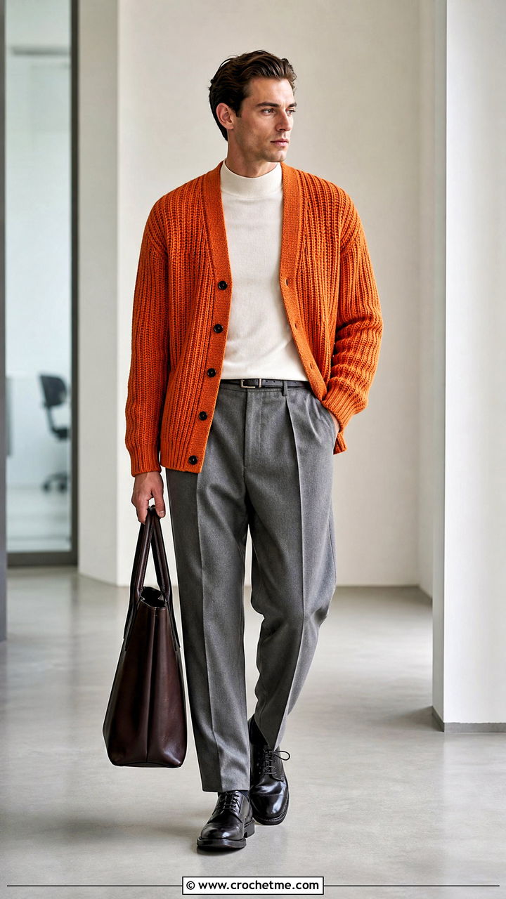 Ribbed Crochet Cardigan With Pleated Pants - 35 crochet cardigan men outfit ideas