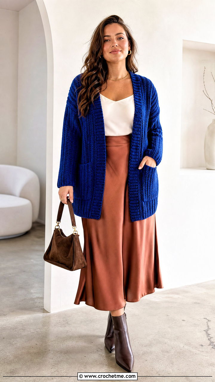 Ribbed Crochet Cardigan With Pockets And Satin Skirt - 35 crochet cardigan with pockets outfit ideas