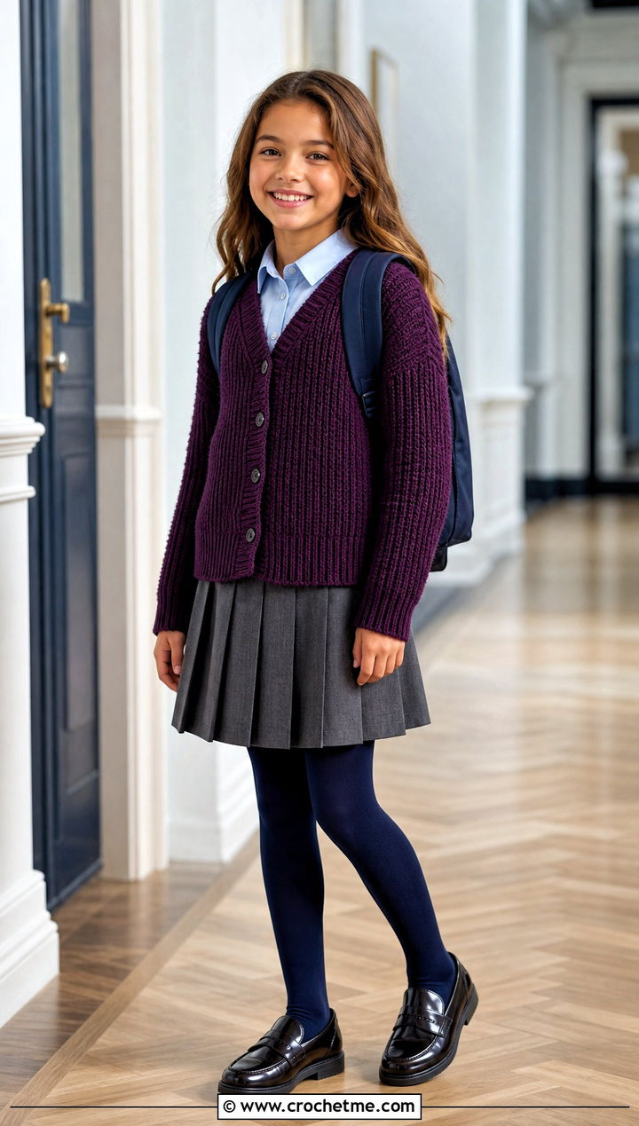 Ribbed Crochet Cardigan With School Uniform - 25 Childs Crochet Cardigan outfit ideas