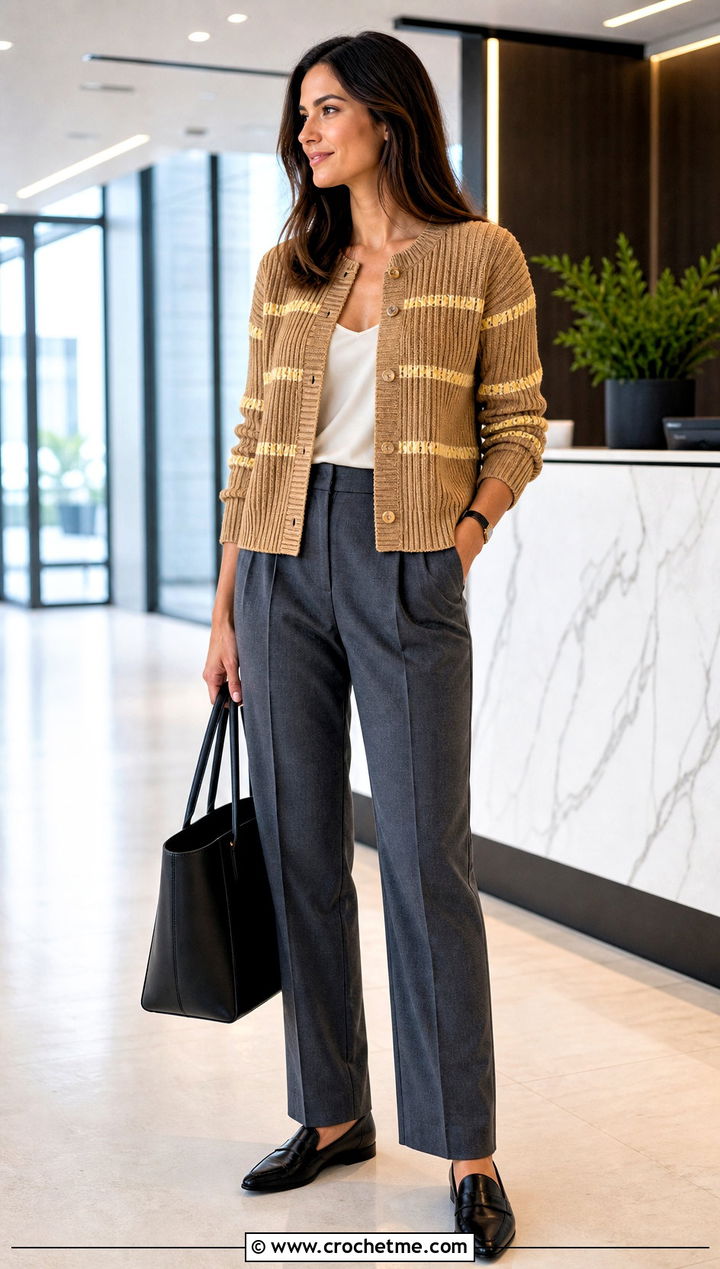 Ribbed Crochet Cardigan With Tailored Trousers - 15 neutral tone crochet cardigan outfit ideas