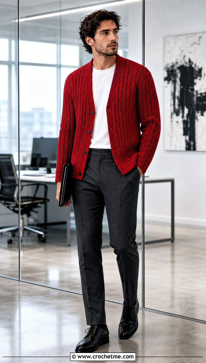 Ribbed Crochet Cardigan With Tailored Trousers - 30 crochet man cardigan outfit ideas