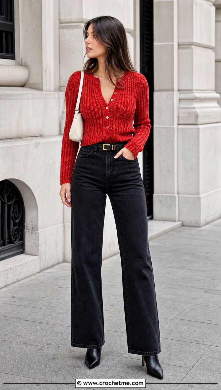 Ribbed Crochet Cardigan With Wide Leg Jeans - 30 fast crochet cardigan outfit ideas