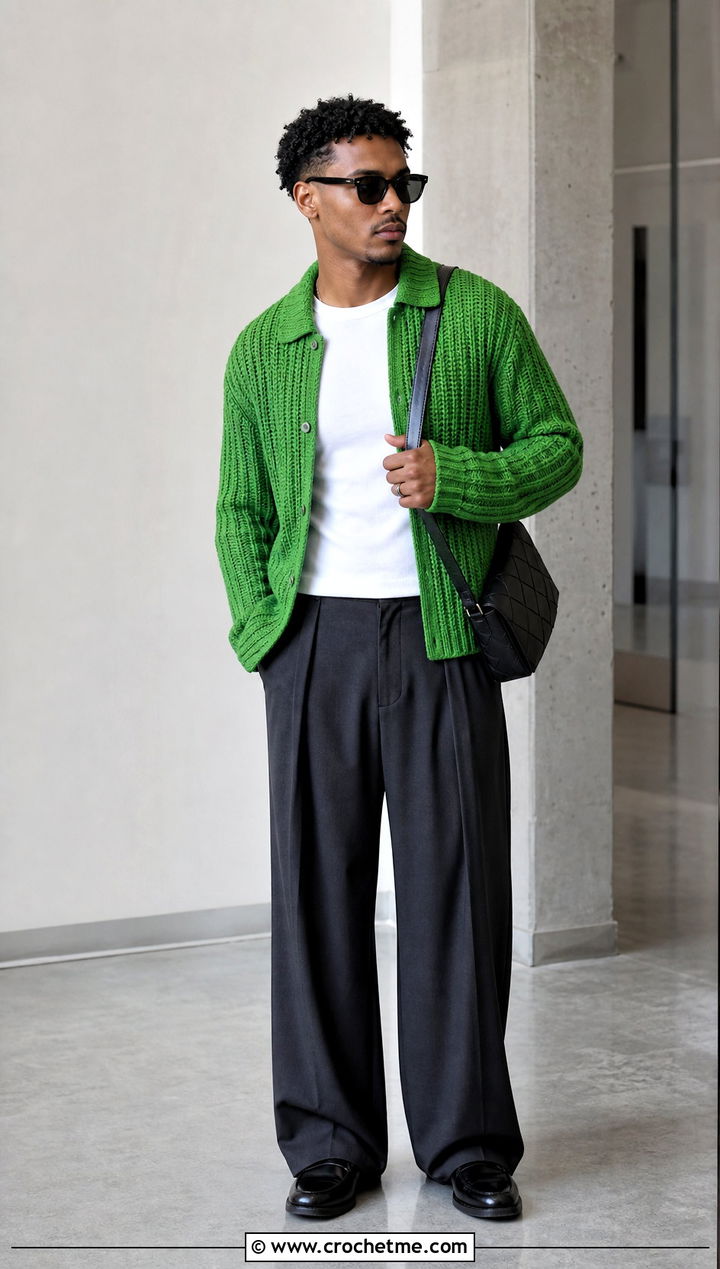 Ribbed Crochet Cardigan With Wide Leg Trousers - 25 Crochet Men Clothing and outfit ideas