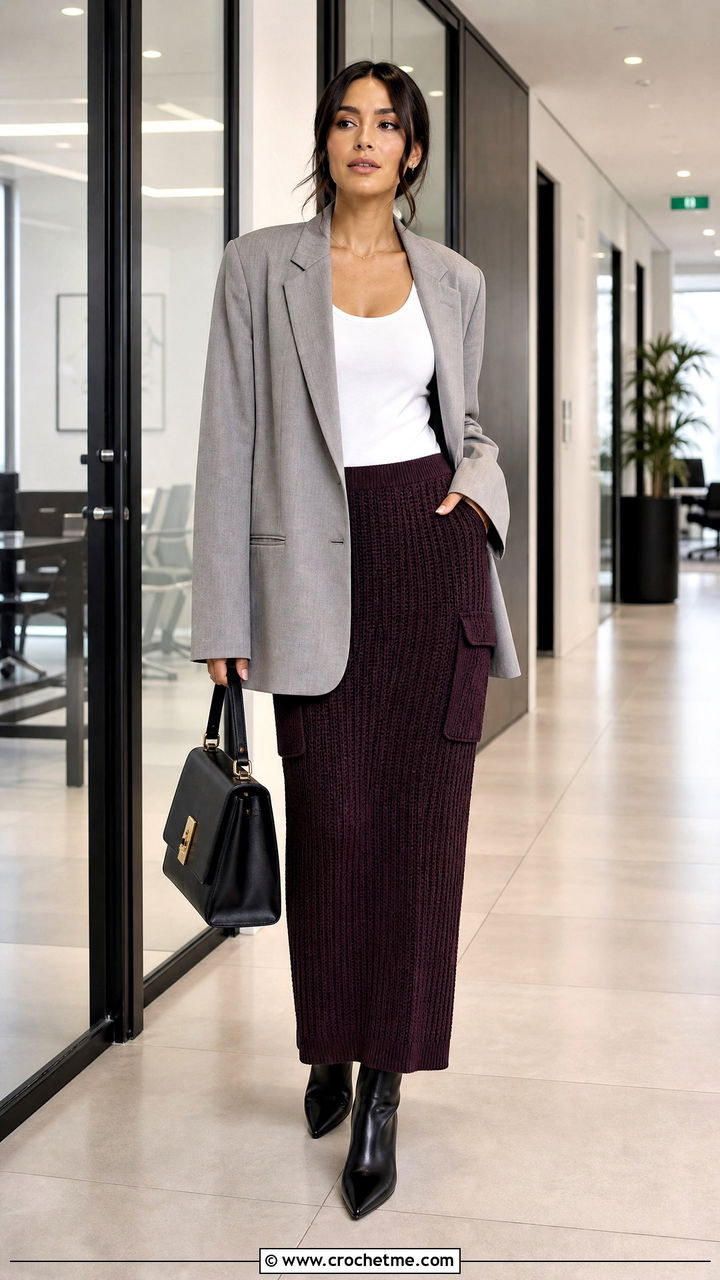 Ribbed Crochet Cargo Skirt With Oversized Blazer - 35 crochet cargo skirt outfit ideas