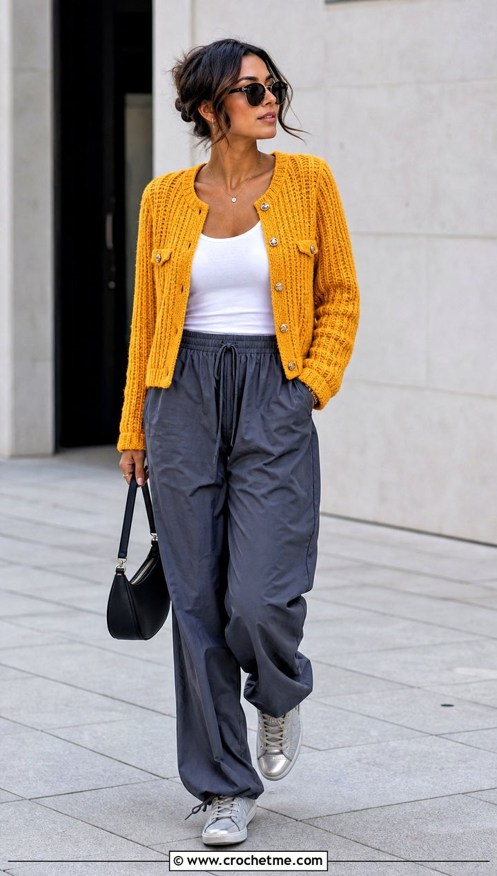 Ribbed Crochet Chanel Jacket With Parachute Pants - 30 crochet chanel jacket outfit ideas