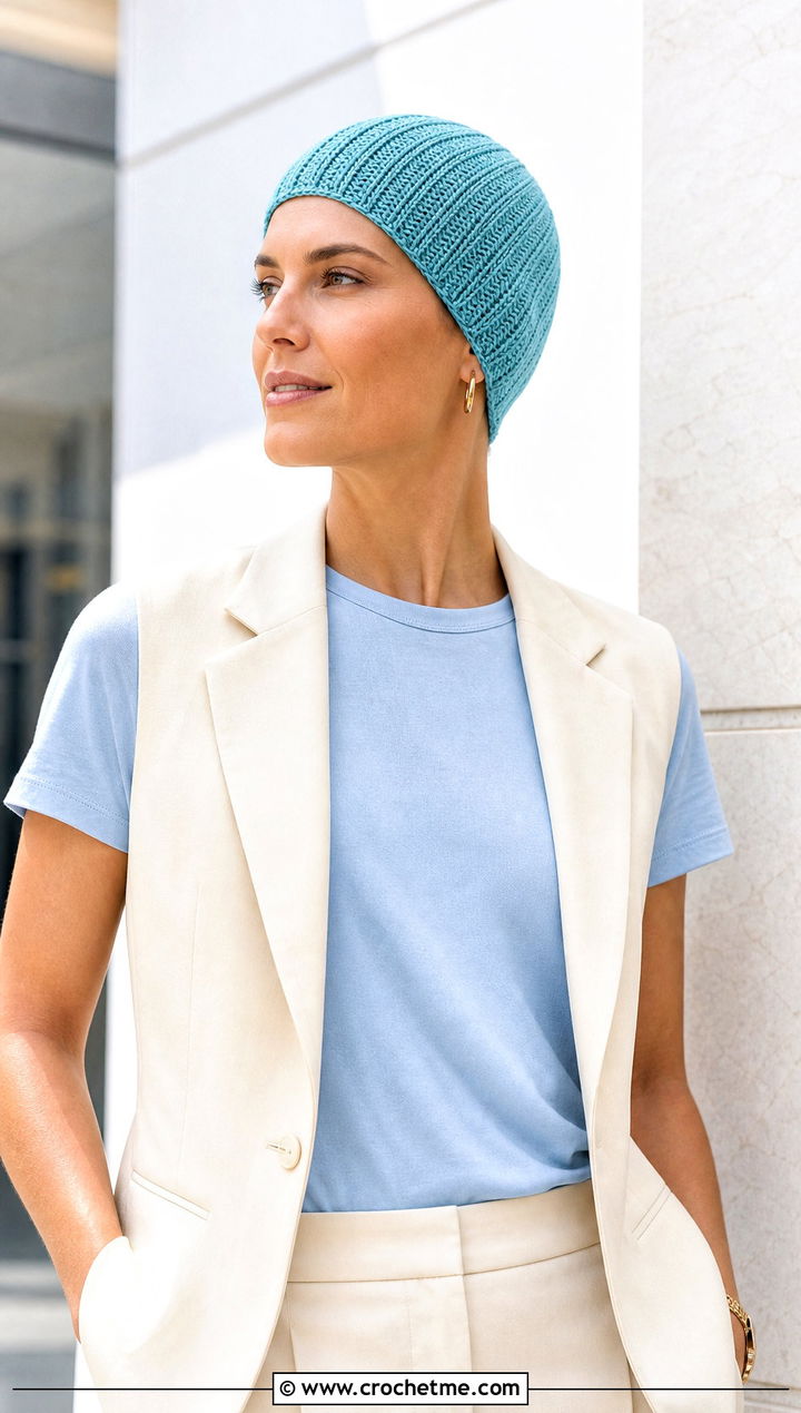 Ribbed Crochet Chemo Cap With Vest And Tailored Shorts - 20 Crochet Summer Chemo Caps outfit ideas