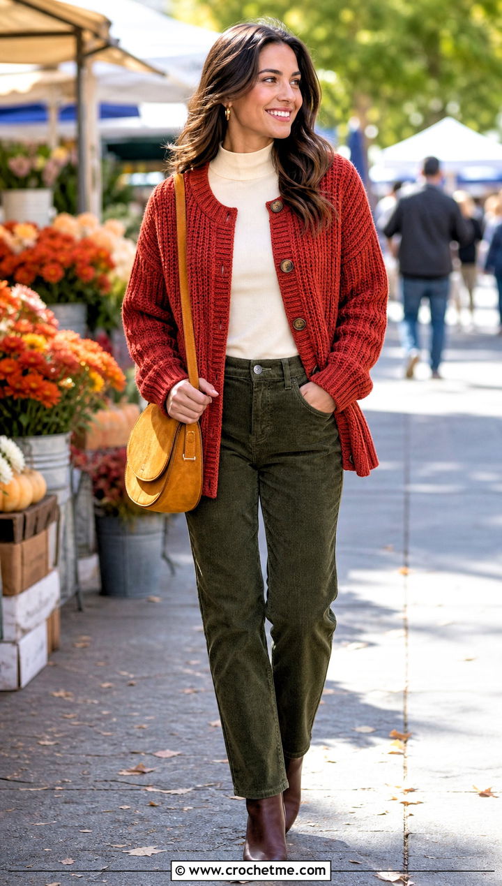 Ribbed Crochet Chenille Cardigan With Corduroy Pants - 30 crochet chenille cardigan outfit ideas