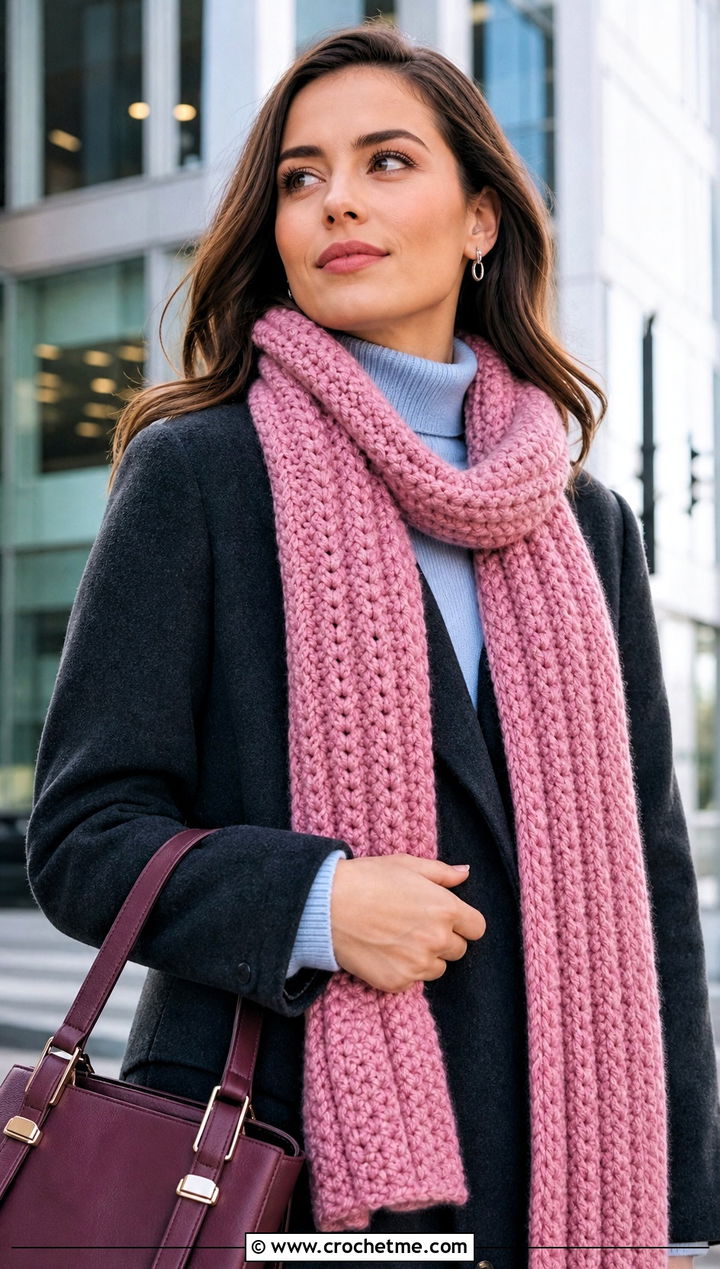 Ribbed Crochet Chenille Scarf With Wool Coat - 25 crochet chenille scarf outfit ideas