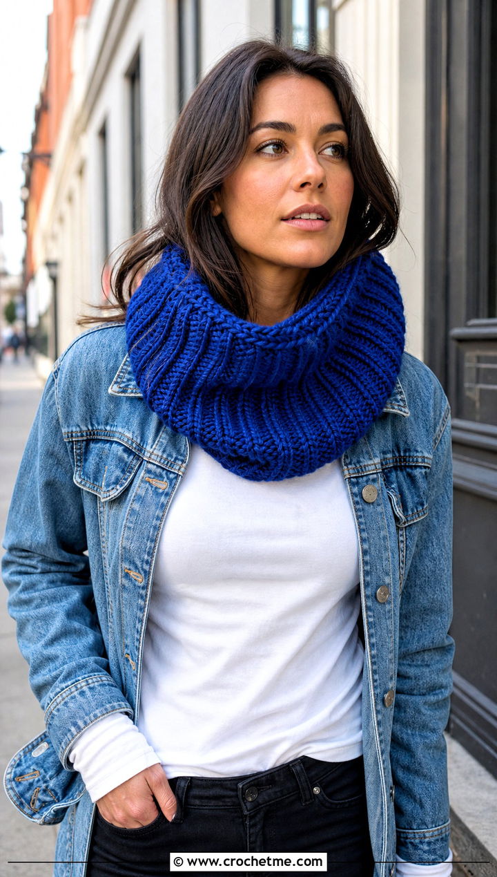 Ribbed Crochet Chunky Cowl With Denim Jacket - 30 crochet chunky cowl outfit ideas