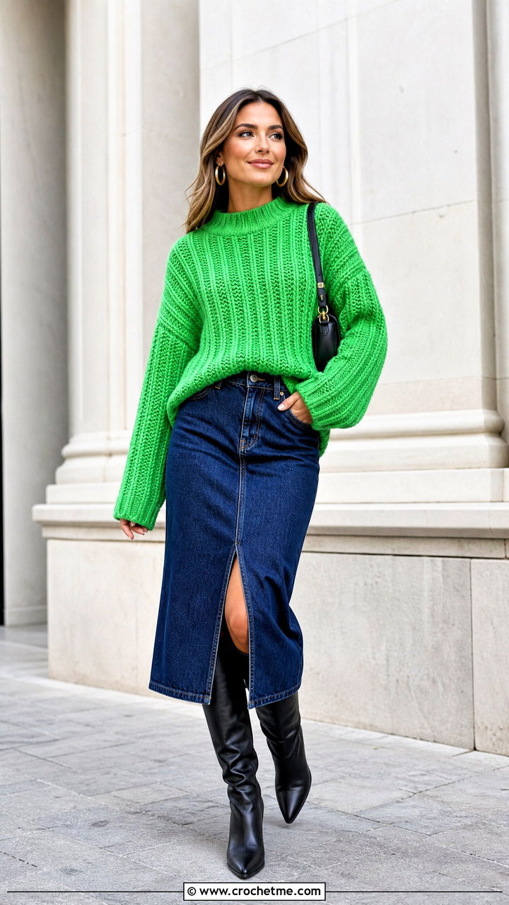 Ribbed Crochet Chunky Sweater With Denim Midi Skirt - 35 crochet chunky sweater outfit ideas