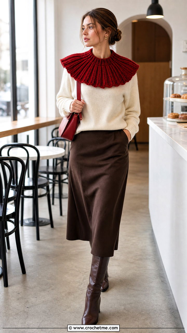 Ribbed Crochet Clown Collar With Sweater And Midi Skirt - 35 crochet clown collar outfit ideas