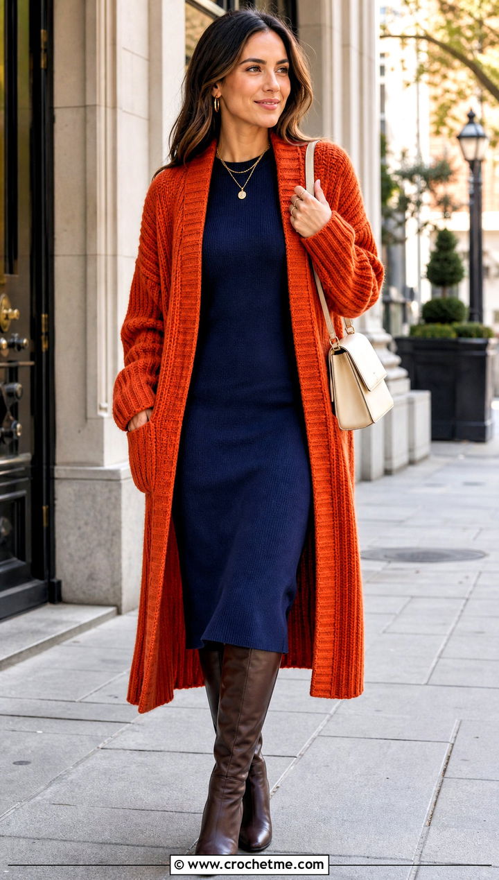 Ribbed Crochet Coatigan With Knit Dress - 30 women crochet coat outfit ideas
