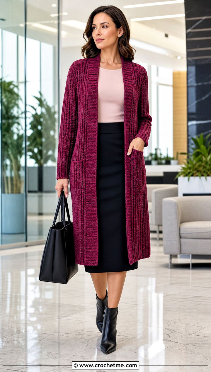 Ribbed Crochet Coatigan With Pencil Skirt - 25 long crochet sweater outfit ideas