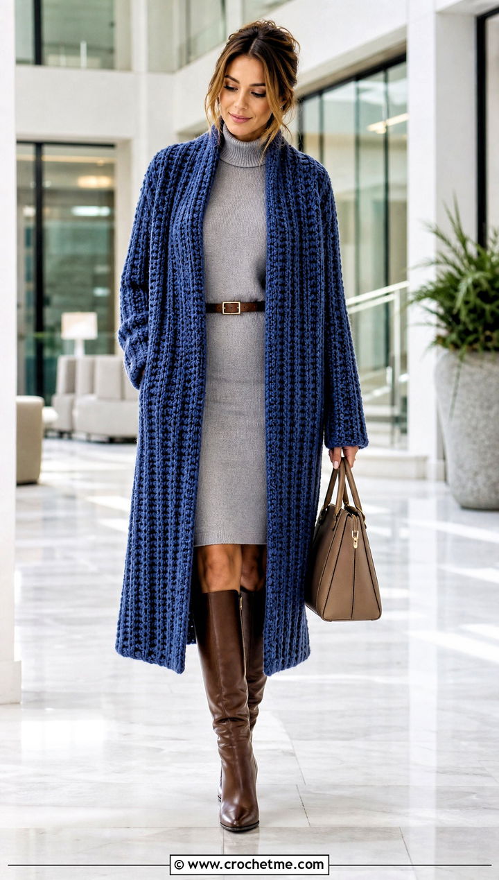 Ribbed Crochet Coatigan With Sweater Dress - 35 crochet long coat outfit ideas