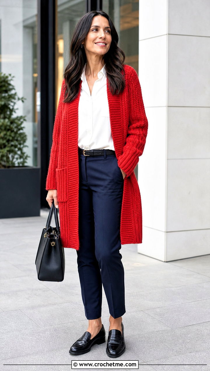 Ribbed Crochet Coatigan With Tailored Work Pants - 15 crochet long cardigan with pockets outfit ideas