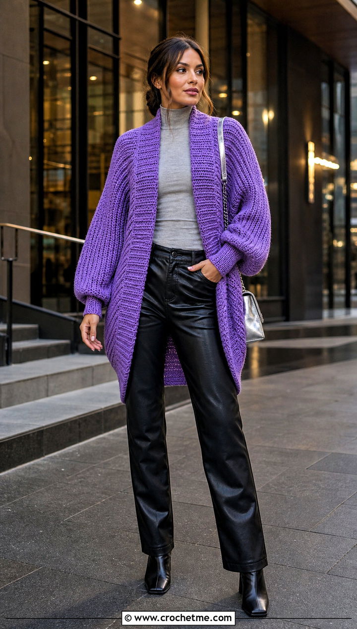 Ribbed Crochet Cocoon Cardigan With Leather Pants - 15 Easy Crochet Cocoon Cardigan outfit ideas