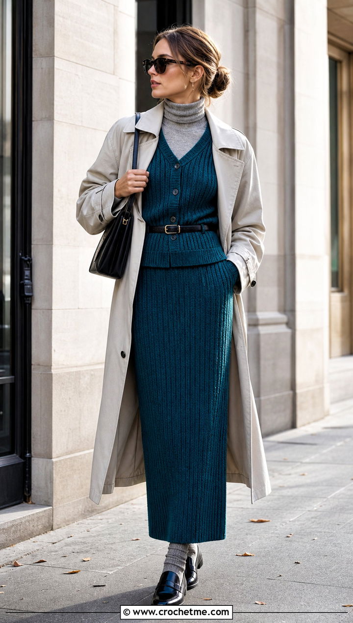 Ribbed Crochet Column Set With Turtleneck And Loafers - 25 Crochet Skirt And Cardigan Set outfit ideas