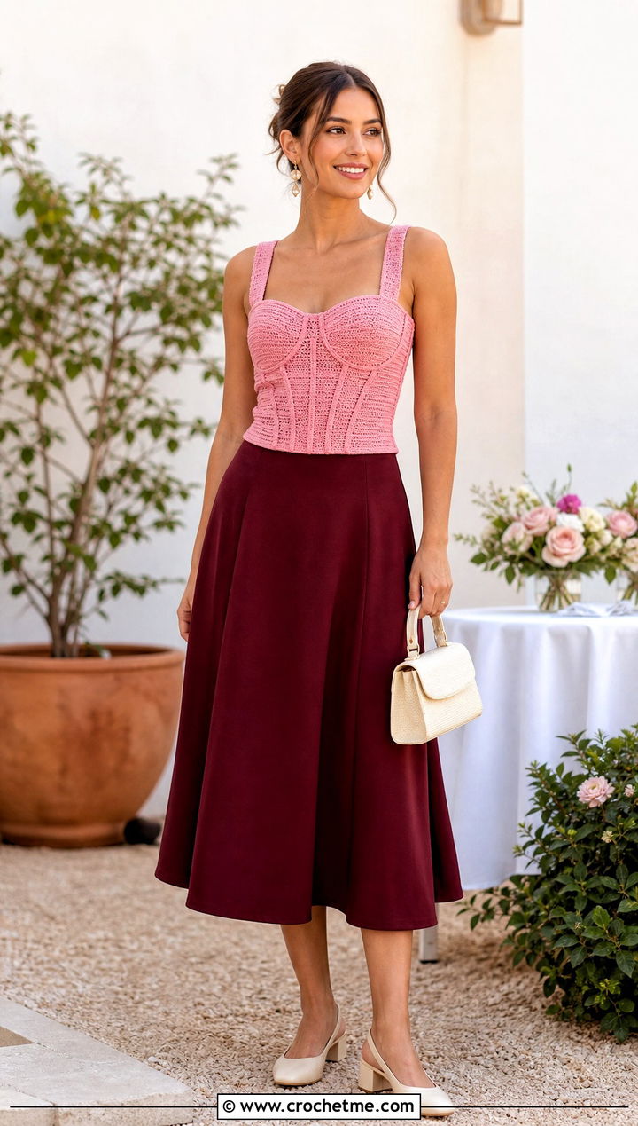 Ribbed Crochet Corset Top With A Line Midi Skirt - 20 ribs crochet top outfit ideas