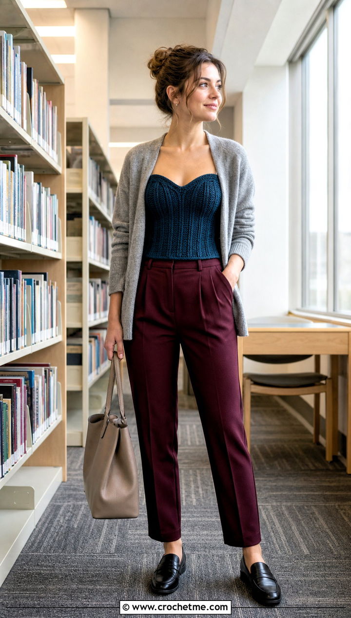 Ribbed Crochet Corset With A Knit Cardigan And Trousers - 25 easy crochet corset outfit ideas