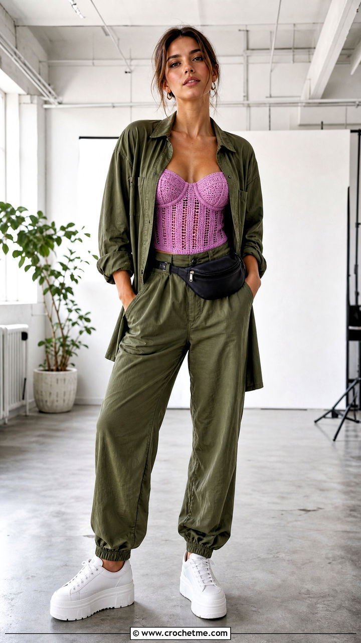 Ribbed Crochet Corset With A Utility Jumpsuit - 35 crochet corset outfit ideas