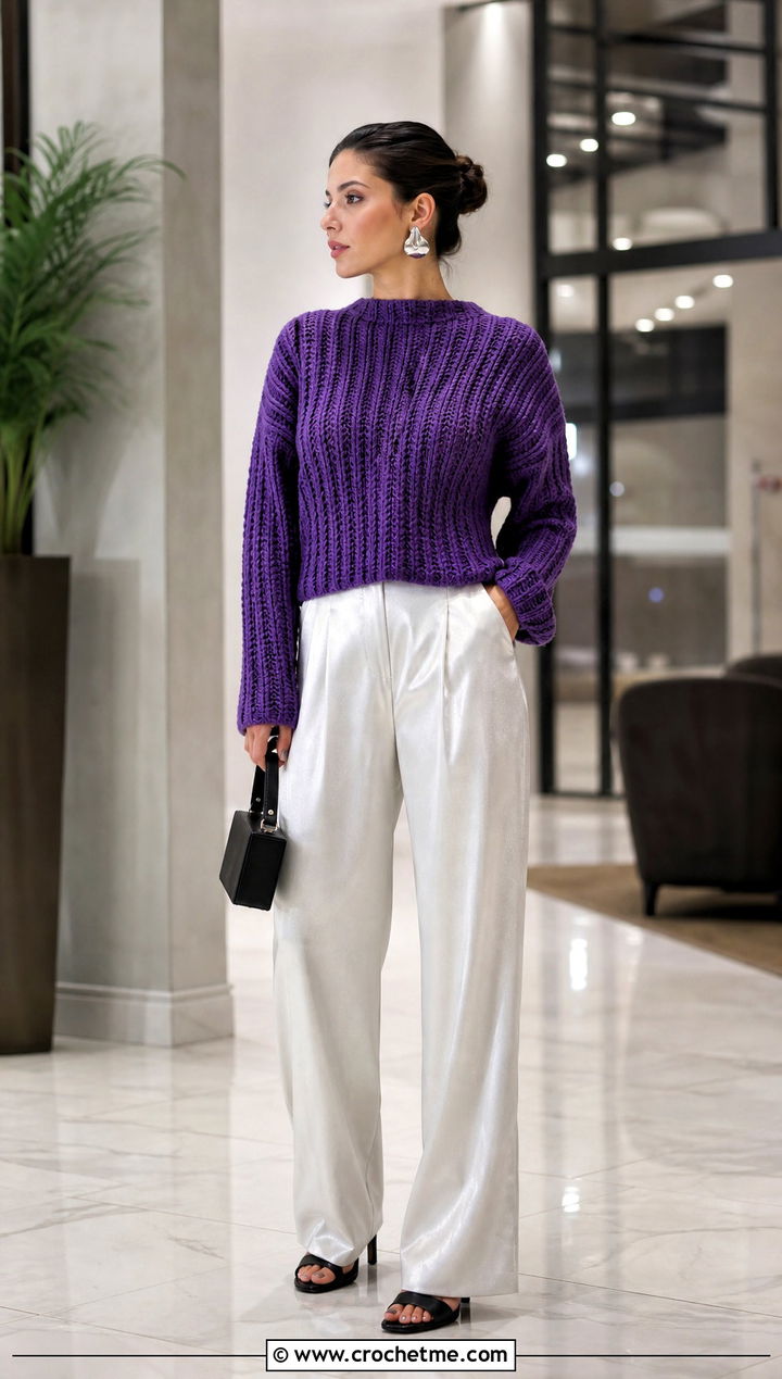 Ribbed Crochet Cotton Sweater With Satin Wide Leg Pants - 25 Crochet Cotton Sweater outfit ideas