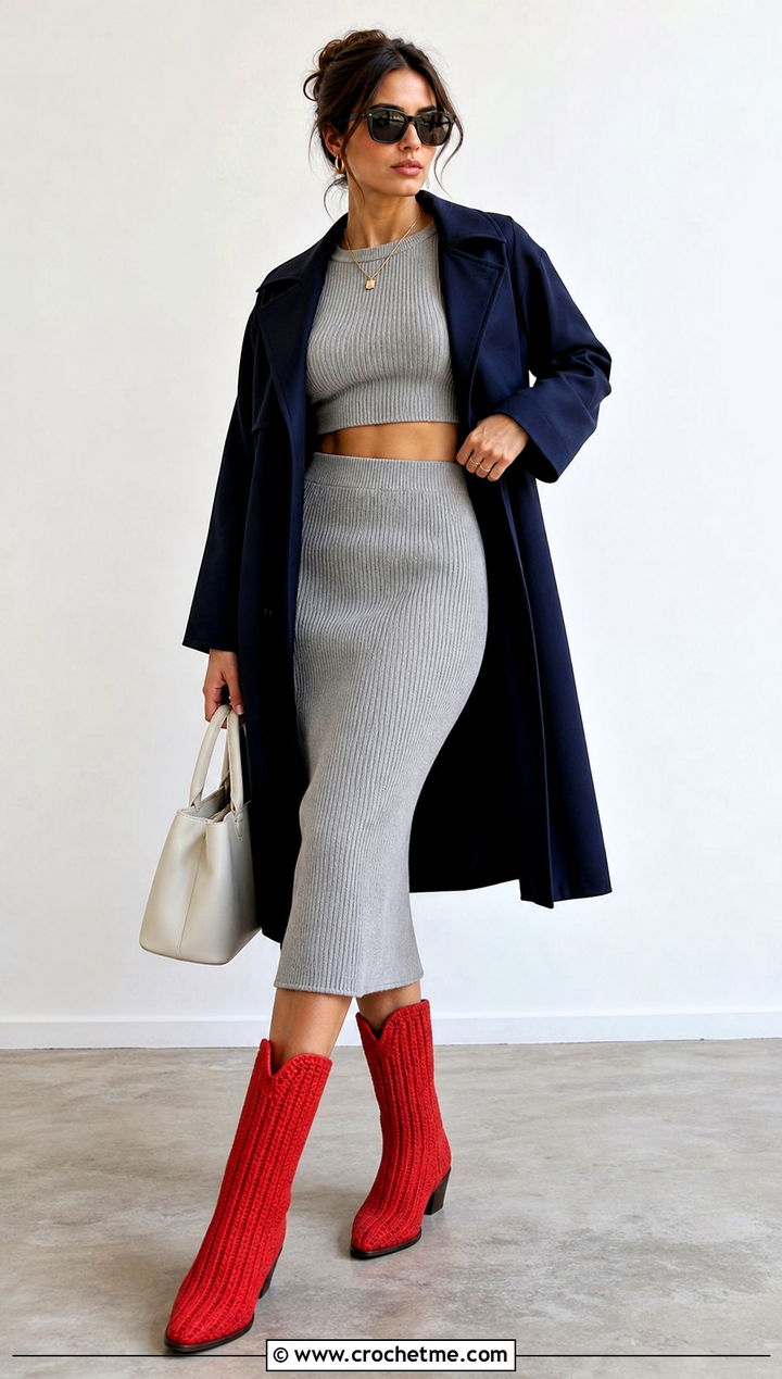 Ribbed Crochet Cowboy Boots With A Knit Co Ord Set - 25 Crochet Cowboy Boot outfit ideas