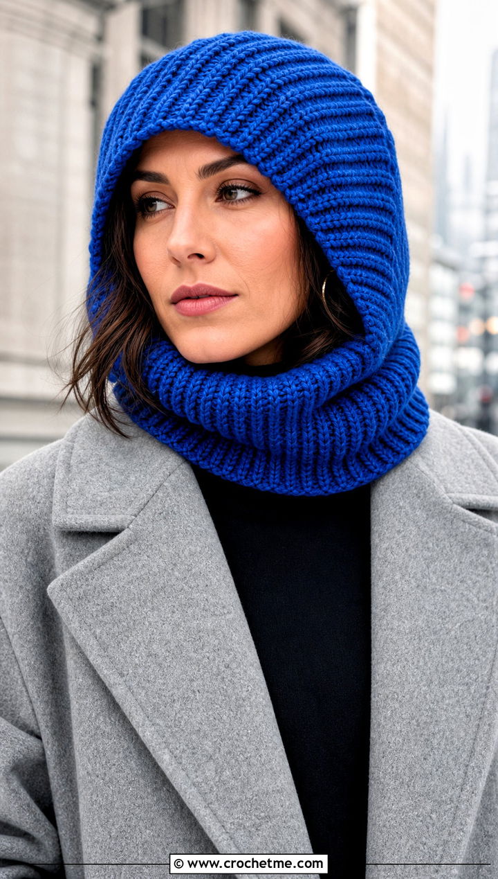 Ribbed Crochet Cowl Hat With Wool Coat - 25 crochet cowl hat outfit ideas